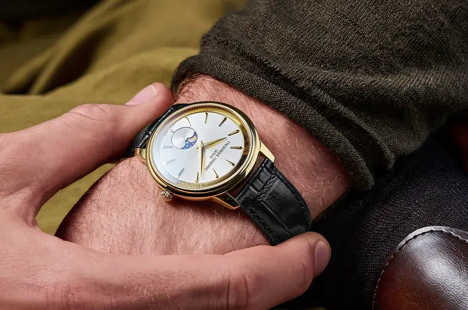 Pozlacené pánské hodinky s fázemi měsíce Frederique Constant Classics Moneta Moonphase