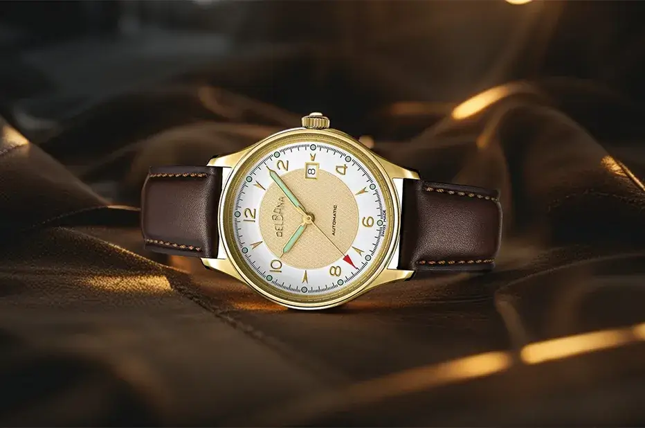 Hodinky Delbana Rotonda 42603.722.6.189 s pozlaceným pouzdrem, měděným ciferníkem a hnědým koženým řemínkem
