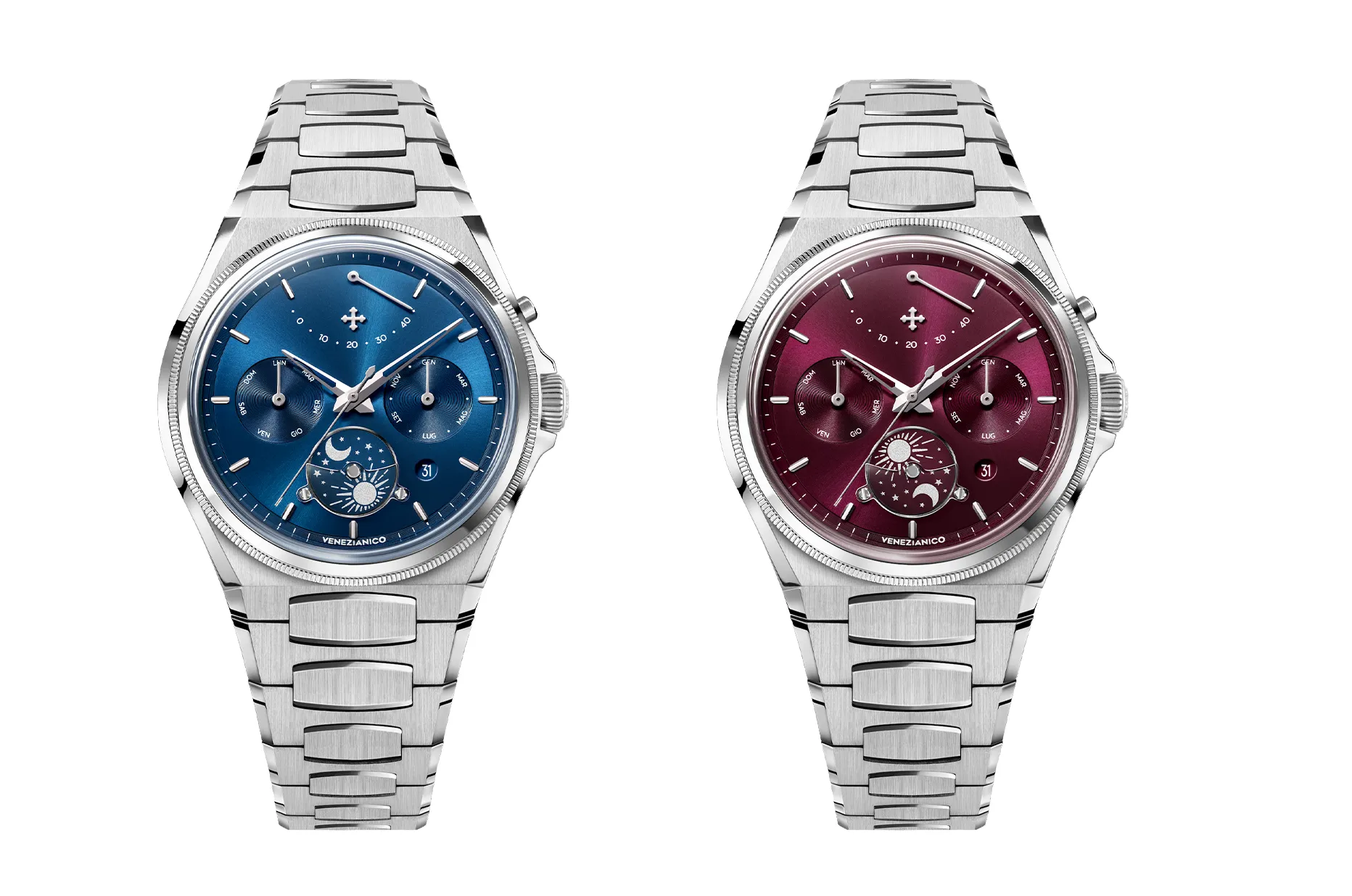 Mechanické hodinky s úplným kalendářem Venezianico Arsenale Calendario Blue a Borgogna