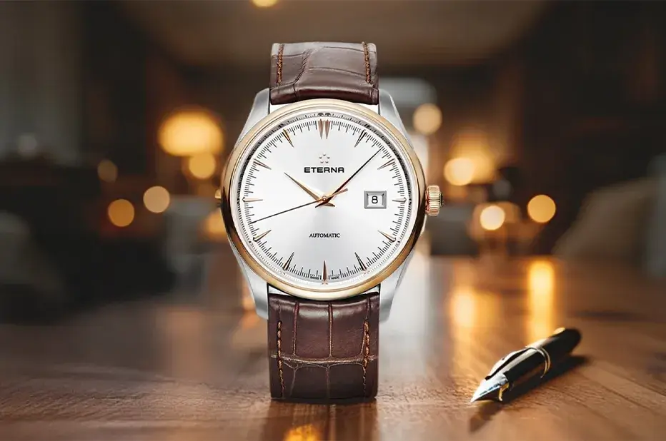 Eterna 1948 Legacy Date s hnědým řemínkem a pozlacenou lunetou – elegantní automatické hodinky