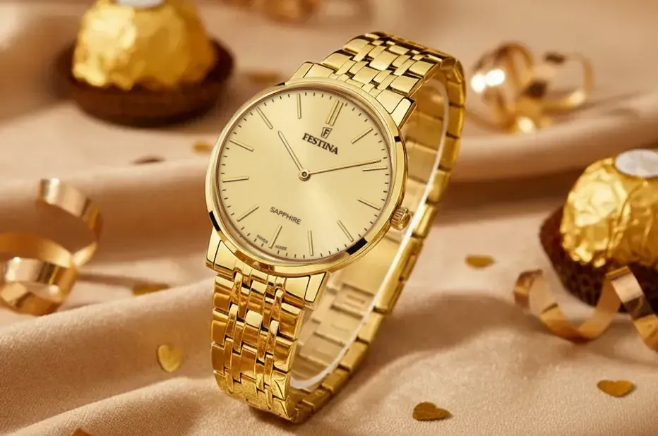 Festina Swiss Made zlaté pánské hodinky na ocelovém tahu jako valentýnský dárek