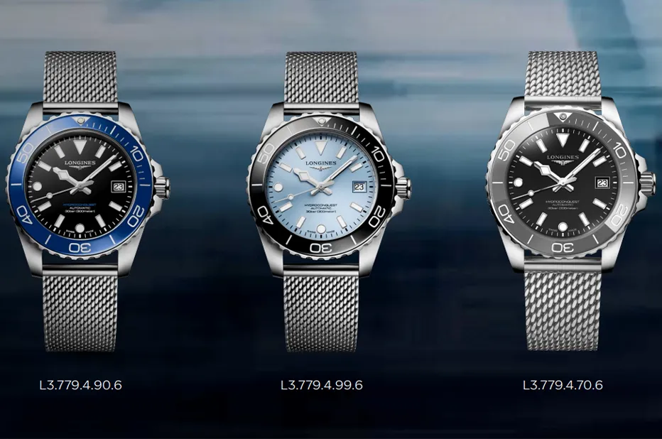 Nové modely Longines HydroConquest 2026 na mesh náramku – tmavě modrá, světle modrá a břidlicově šedá varianta