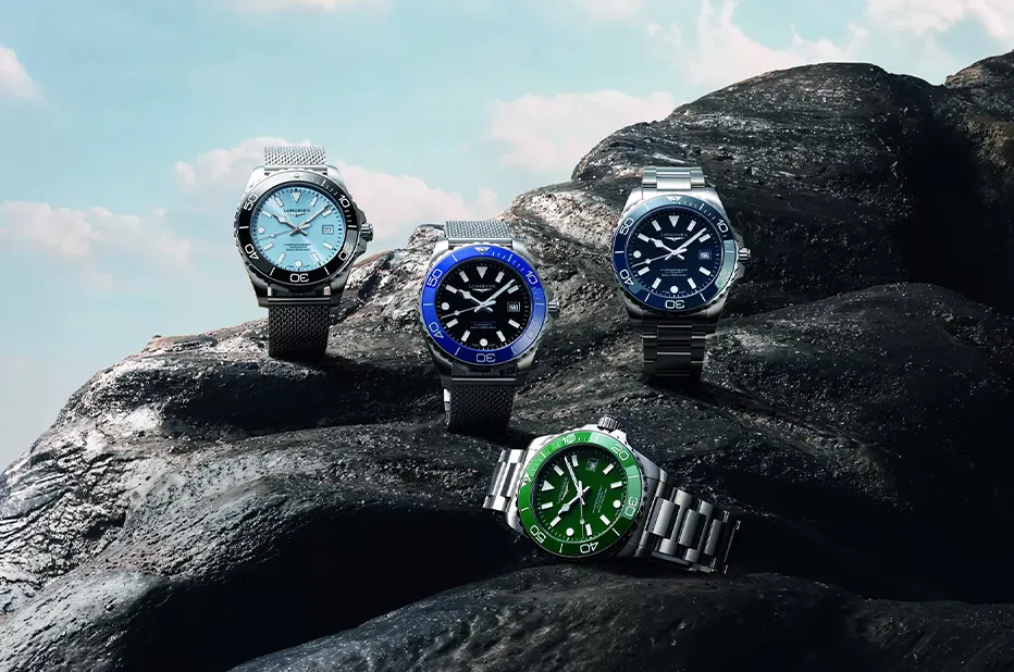 Kolekce Longines HydroConquest 2026 na skalách – nové barvy ciferníků a keramických lunet i varianty na ocelovém a mesh náramku
