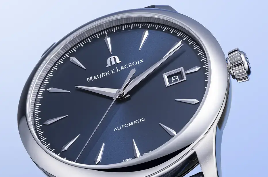 Hodinky s modrým ciferníkem a koženým řemínkem Maurice Lacroix 1975 Automatic