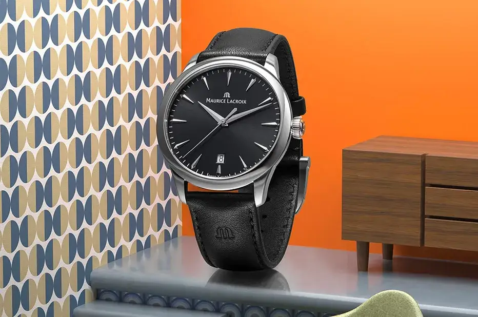 Minimalistické pánské retro hodinky Maurice Lacroix 1975 s černým řemínkem