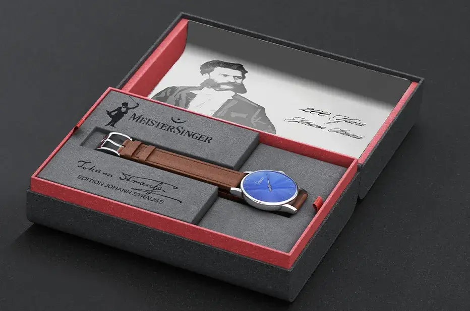 Limitovaná sada hodinek MeisterSinger Johann Strauss v sběratelském boxu s portrétem skladatele