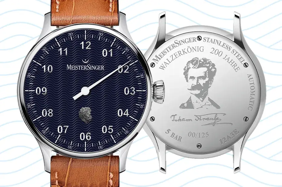Jednoručičkové hodinky MeisterSinger Johann Strauss Pangaea – tmavě modrý číselník a gravírovaný portrét Johanna Strausse na zadní straně