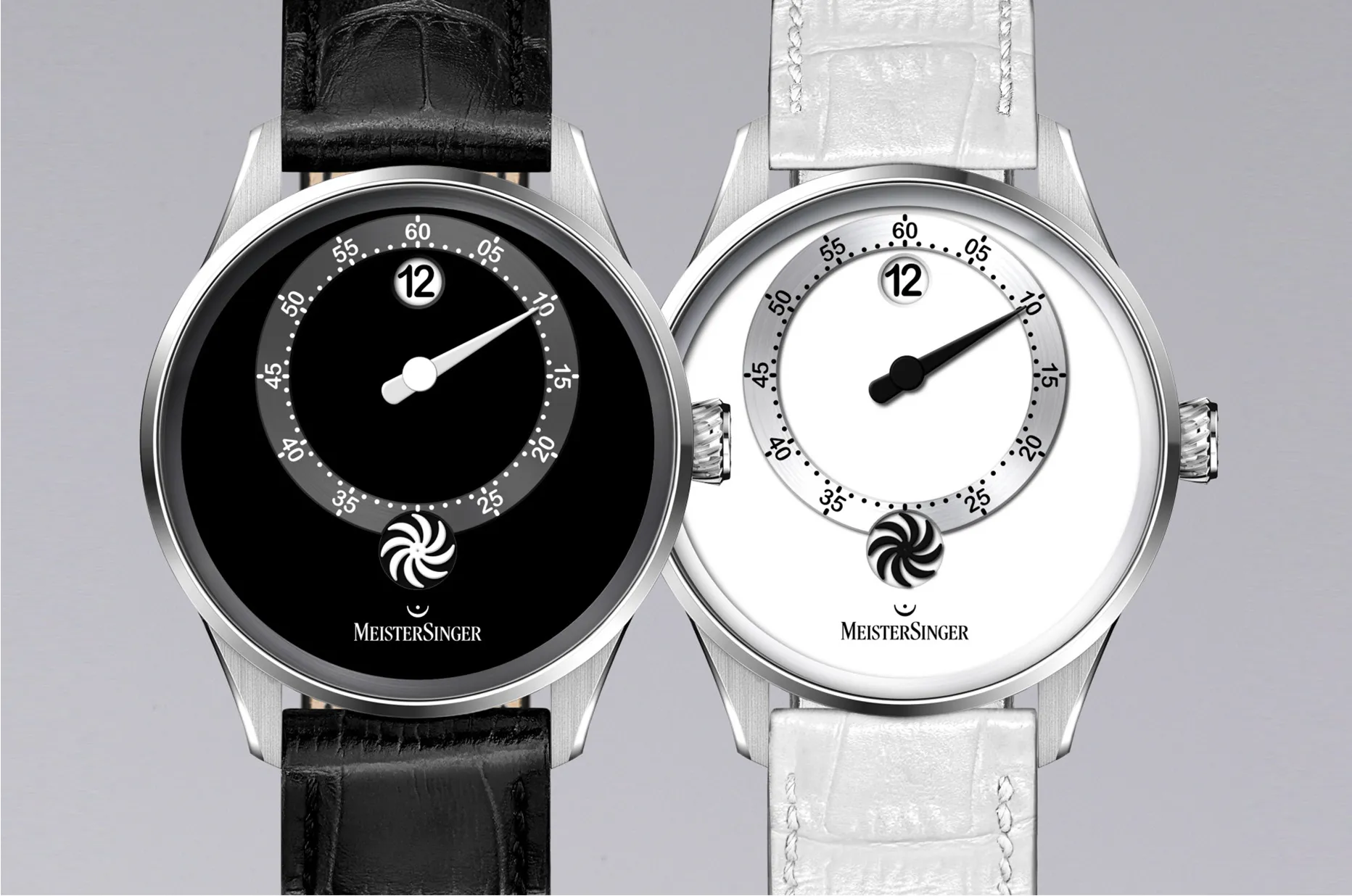 MeisterSinger Panthero Jumping Hour PTJH901 a PTJH902 s bílým a černým lakovaným ciferníkem