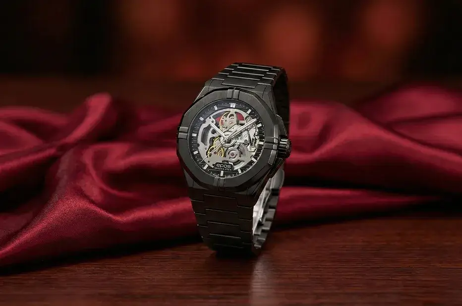 Epos Sport Skeleton černé automatické pánské hodinky s viditelným mechanismem jako valentýnský dárek