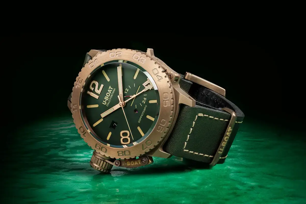 Pánské hodinky U-BOAT zelený řemínek, bronzové pouzdro
