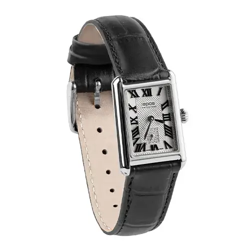 Elegantní obdélníkové dámské hodinky Epos Ladies ve stylu Art Deco na černém řemínku