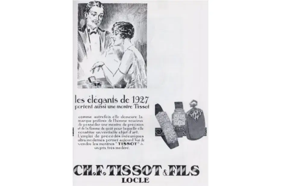 Reklama na náramkové hodinky Tissot z roku 1927 inspirované stylem Art Déco – první obdélníkové dámské hodinky Tissot