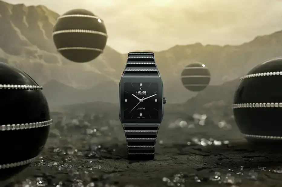 Minimalistické hodinky Rado Anatom Jubilé s černým číselníkem a diamantovými indexy