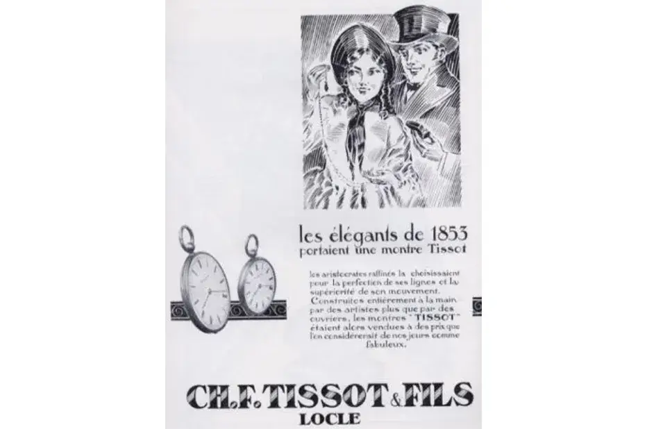 Archivní reklama na kapesní hodinky Tissot z roku 1853 – elegantní dámské hodinky pro aristokracii