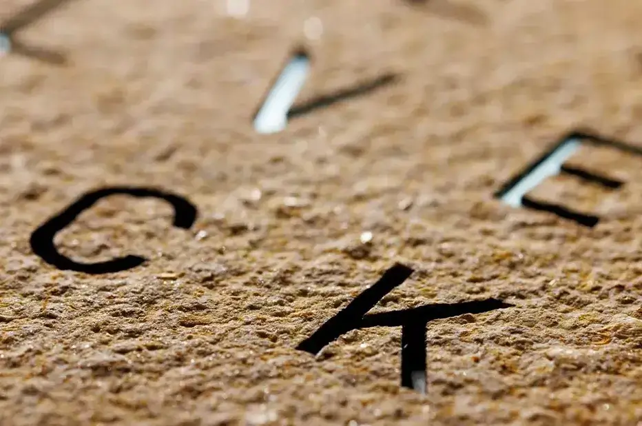 Detail ciferníku hodin Qlocktwo Earth Desert z přírodního kamene