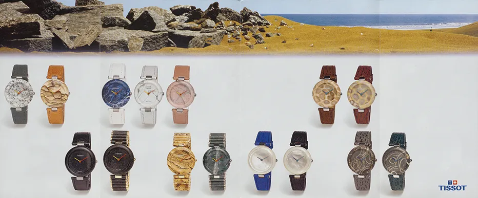 Kolekce hodinek Tissot RockWatch z 80. let vyrobených z přírodních kamenů a minerálů, jako je žula, jaspis, achát a lapis lazuli