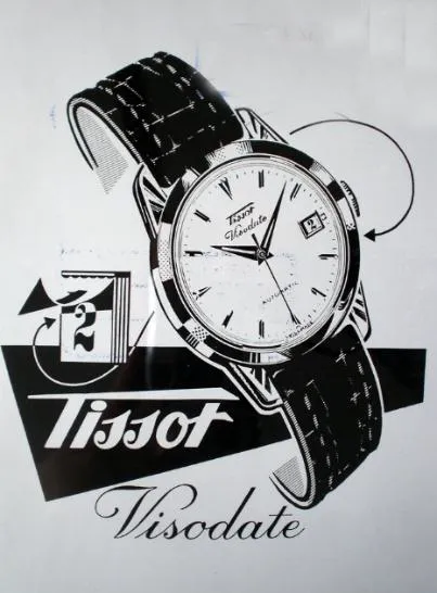 Tissot Visodate 1954 vintage reklama hodinek s datumovkou jedny z prvních hodinek s okénkem data