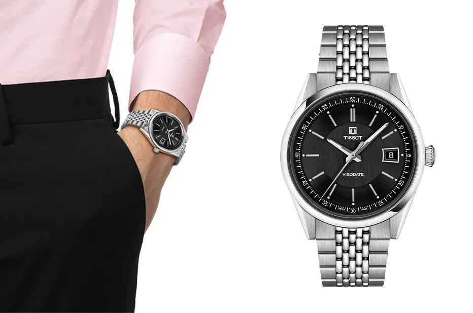 Tissot Visodate černý ciferník na ruce elegantní pánské hodinky pro business styl
