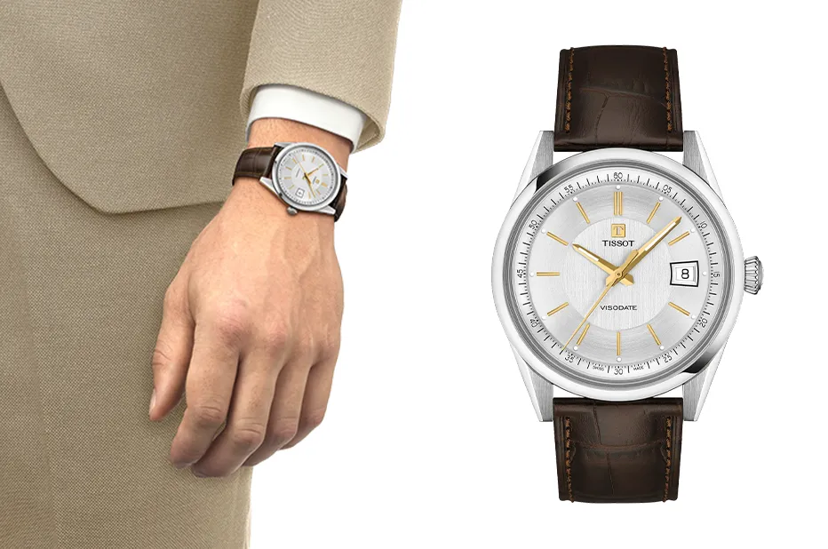 Tissot Visodate stříbrný ciferník retro hodinky na koženém řemínku
