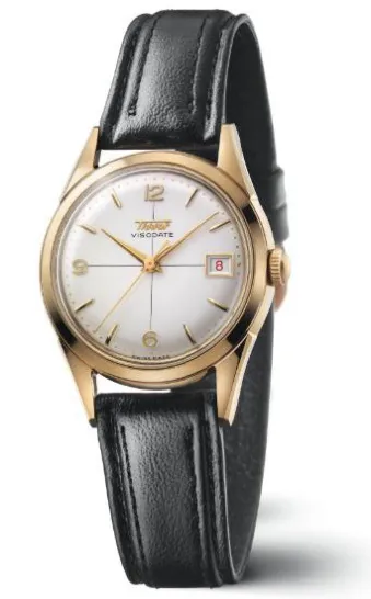 Tissot Visodate vintage zlaté pouzdro retro hodinky s datumovkou na černém koženém řemínku