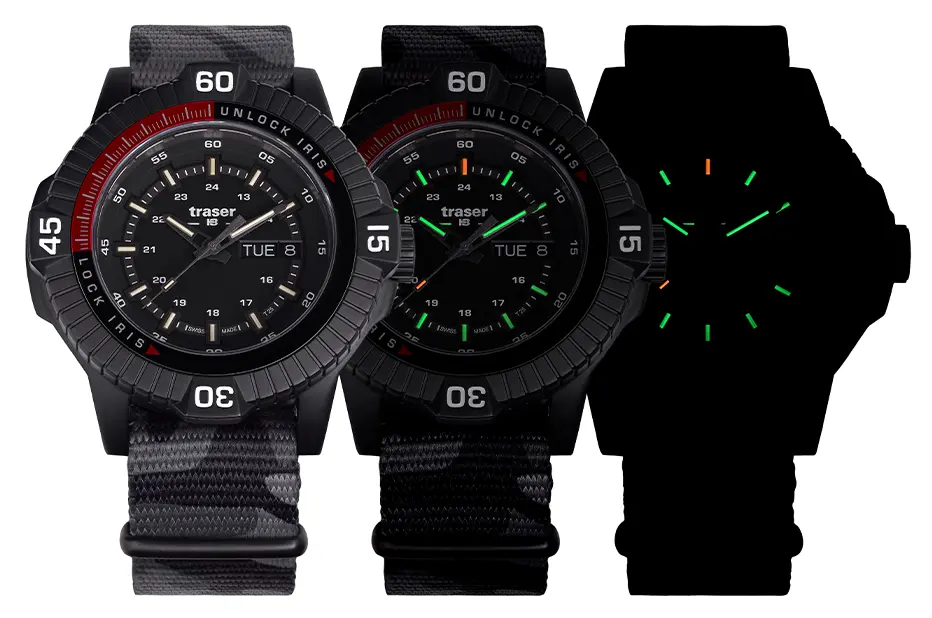 Hodinky Traser P99 Iris Tactical s tritiovým podsvícením trigalight® – denní a noční pohled