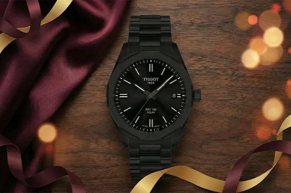 Tissot PRC 100 Solar černé pánské hodinky na ocelovém tahu jako valentýnský dárek