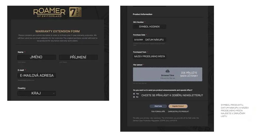 Formulář pro registraci nákupu hodinek Roamer