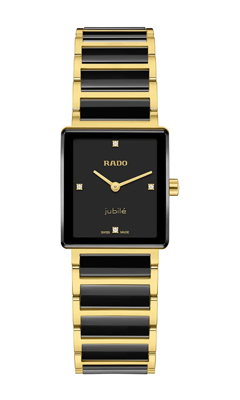 Čtvercové bicolor hodinky Rado Integral Diamonds Lady R20252702 s černým číselníkem a diamanty