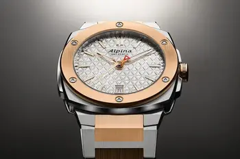 Detailní pohled na elegantní ciferník hodinek Alpina Alpiner Extreme Quartz AL-220S2AE2B s trojúhelníkovým vzorem a detaily v barvě růžového zlata