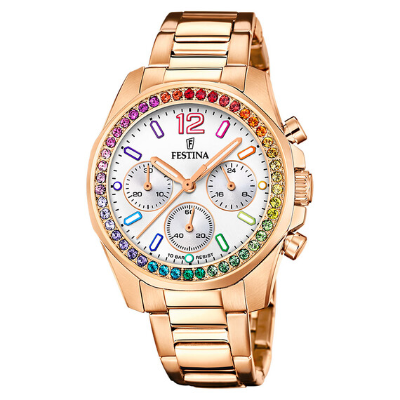 Dámské hodinky Festina Boyfriend Chronograph Rainbow F20639/2, Verze: růžové zlato 